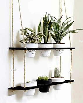 Tier-2 Wood Hanging Planter Shelf, Black For 6 Planter cactus succulent plant  