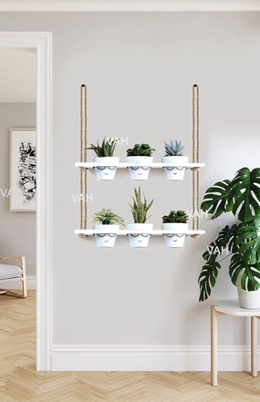 Tier-2 Wood Hanging Planter Shelf, White For 6 Planter cactus succulent plant  