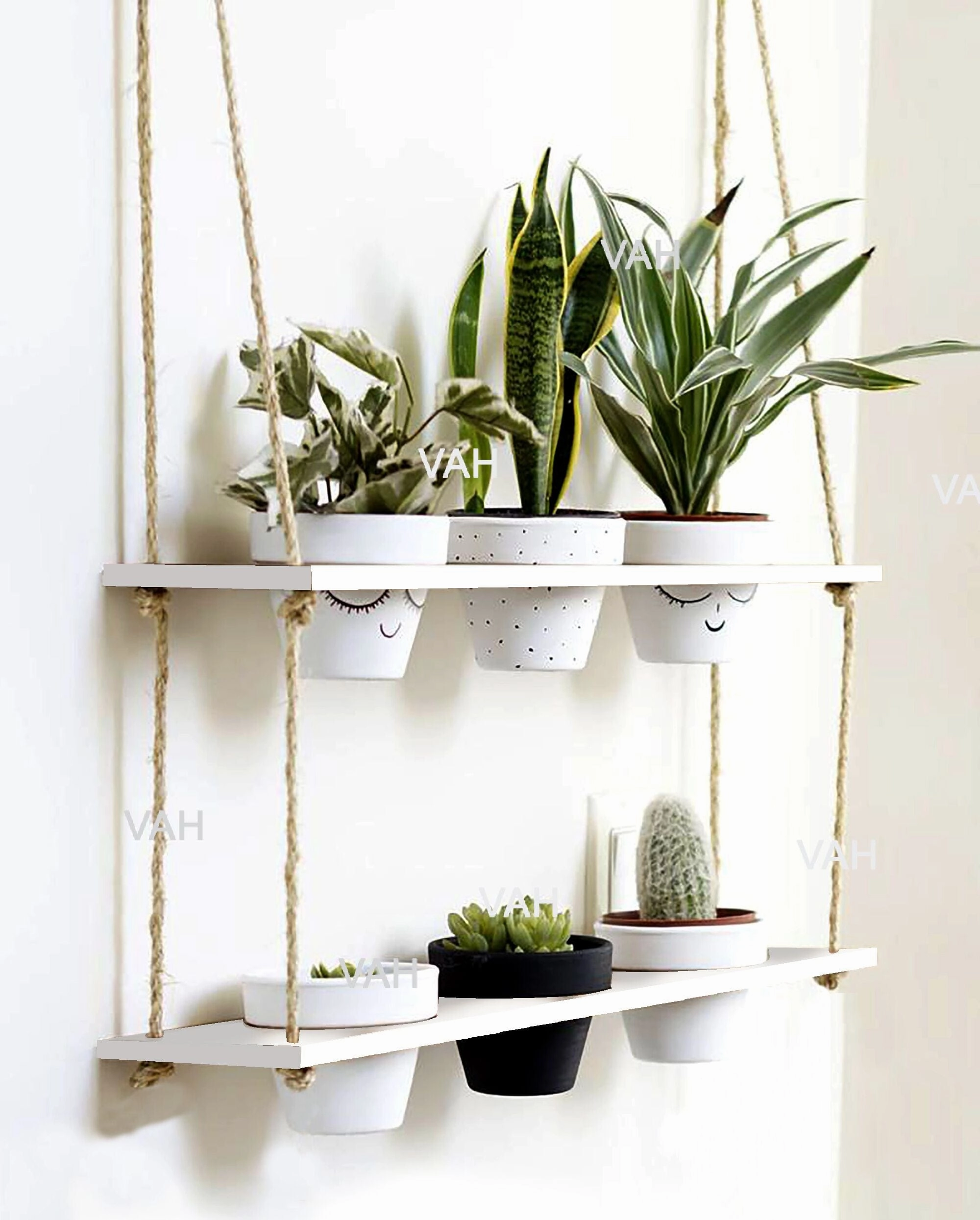 Tier-2 Wood Hanging Planter Shelf, White For 6 Planter