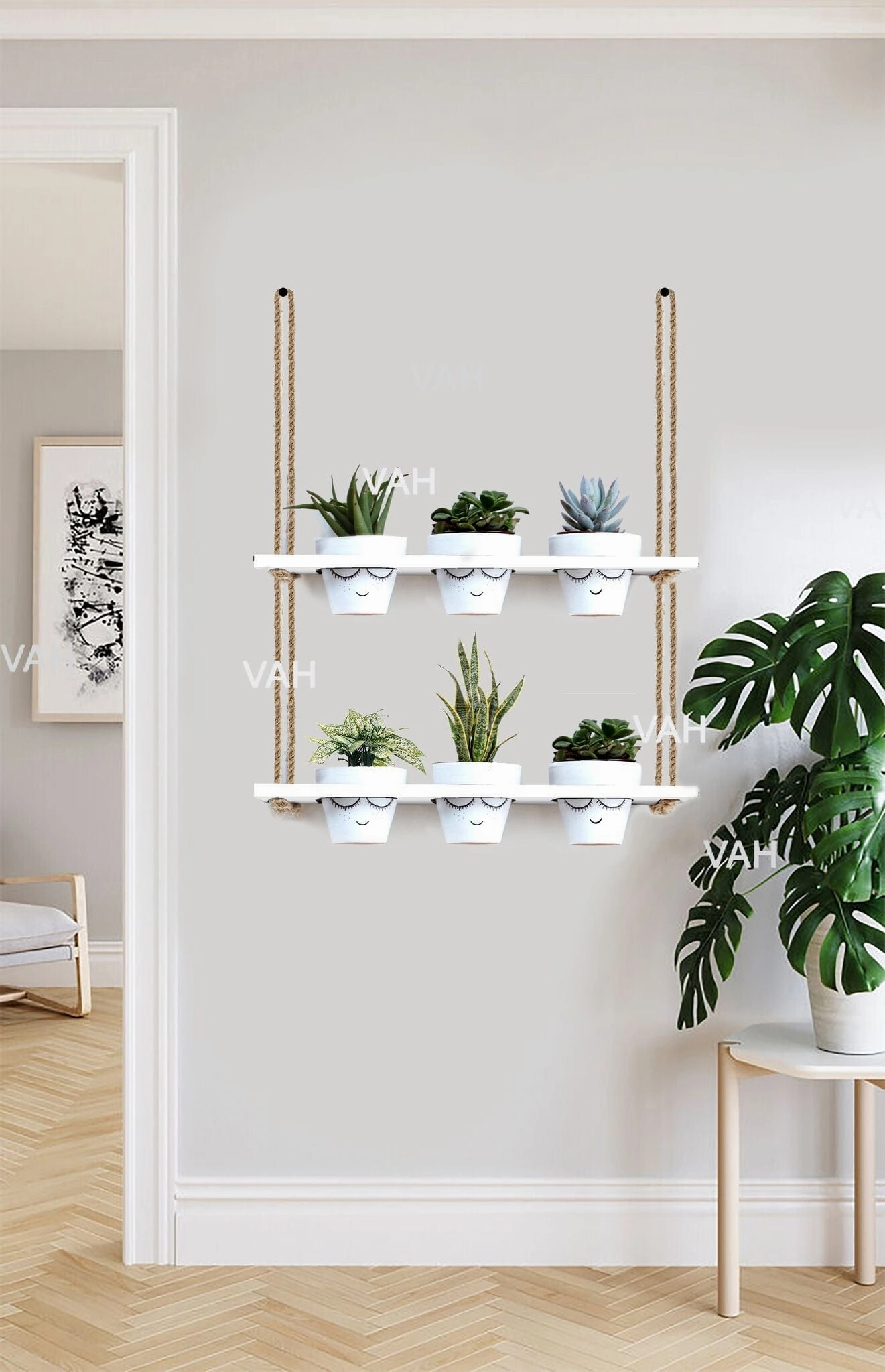 Tier-2 Wood Hanging Planter Shelf, White For 6 Planter cactus succulent plant  