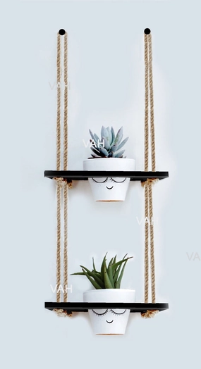 Tier-2 Wooden Hanging Planter Shelf, Black cactus succulent plant  