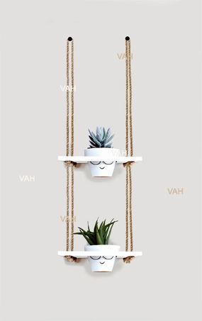 Tier-2 Wooden Hanging Planter Shelf, White cactus succulent plant  