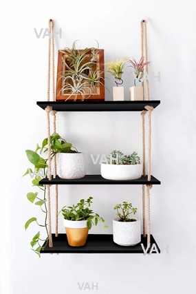 Tier-3 Rectangle Black Wall Hanging Shelves With Plain Rope cactus succulent plant  