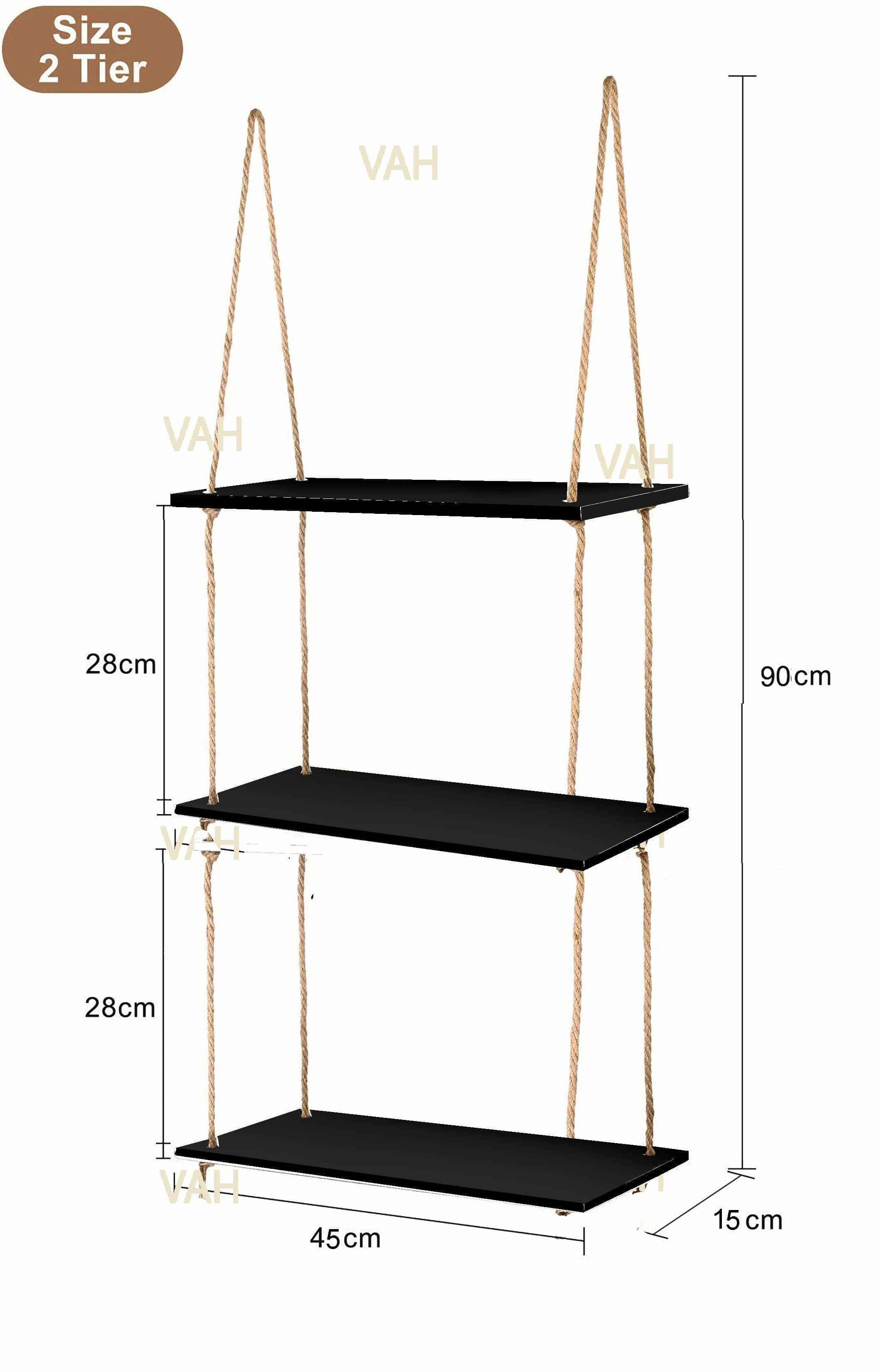 Tier-3 Rectangle Black Wall Hanging Shelves With Plain Rope