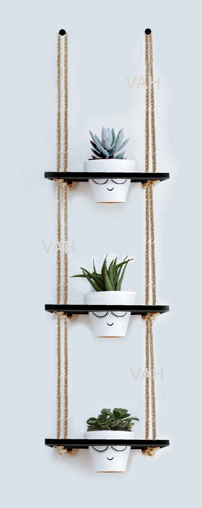 Tier-3 Wooden Hanging Planter Shelf, Black cactus succulent plant  