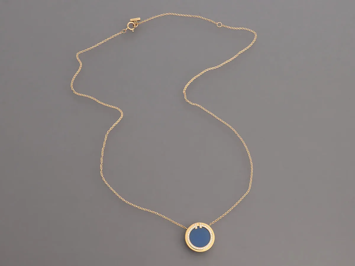 Tiffany & Co. 18K Yellow Gold Blue Agate and Diamond T Circle Pendant Necklace