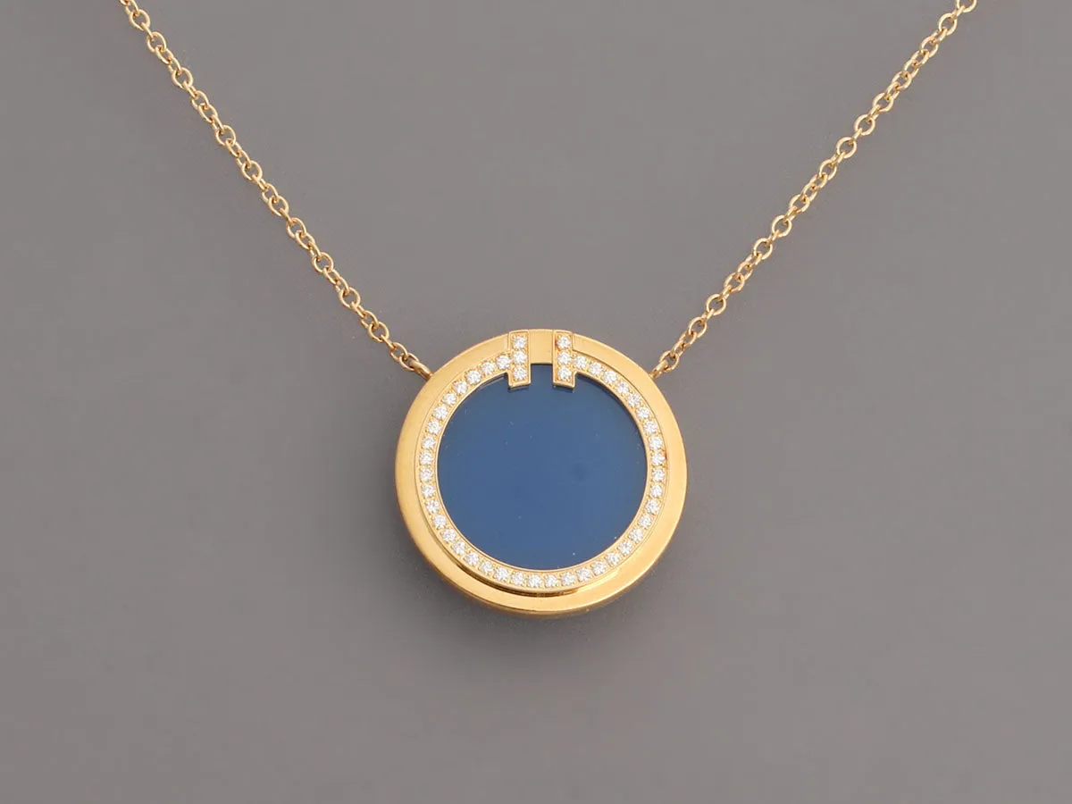 Tiffany & Co. 18K Yellow Gold Blue Agate and Diamond T Circle Pendant Necklace