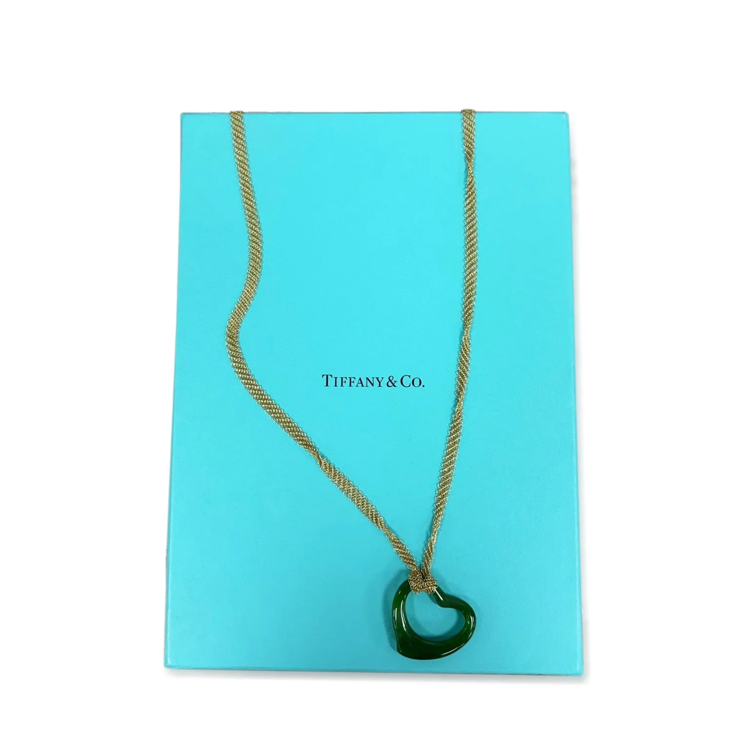 Tiffany Elsa Peretti Jade Open Heart Pendant On Necklace