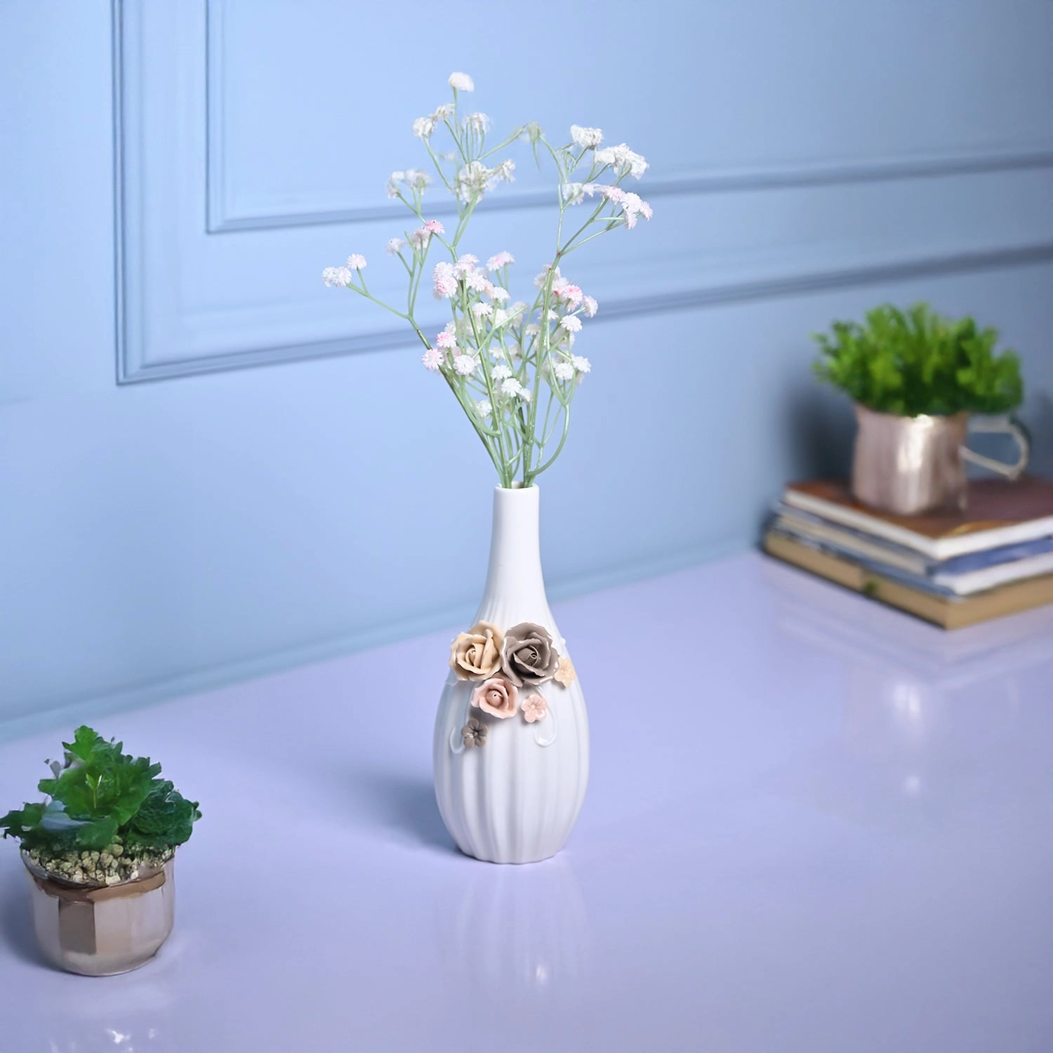 Timeless Beauty - White Cylindrical Vase dried green plant  
