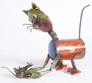 Tin Cat with Mouse dried flower branch  
