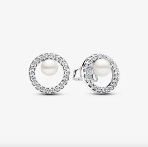 Treated Freshwater Cultured Pearl & Pav Halo Stud Earrings