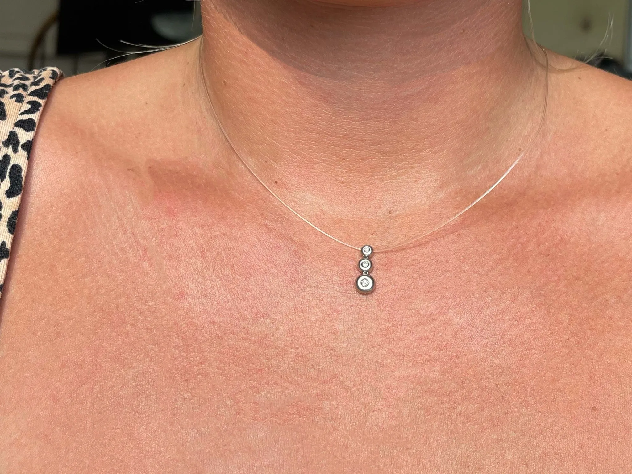 Triple Diamond Bead Drop Necklace Solid 14k White Gold