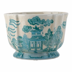 Turquoise And White Willow Pattern Round Scallop Planter plant seeds  