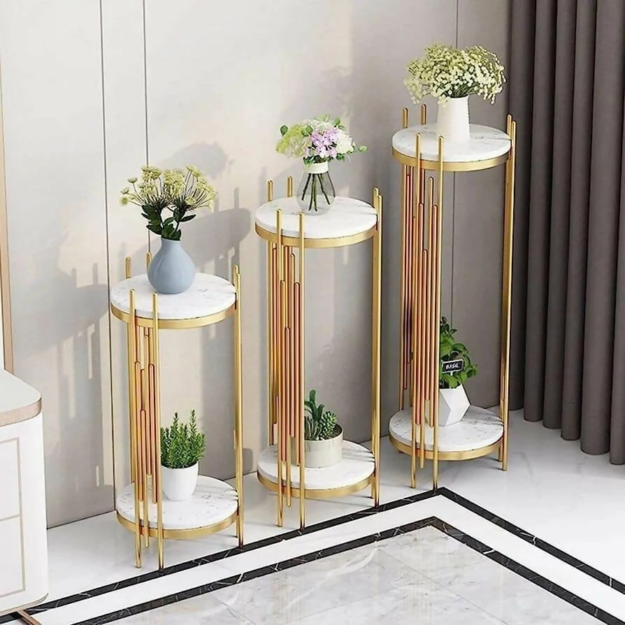 Two - Tier Marble Top Pot Stand Set. cactus succulent plant  