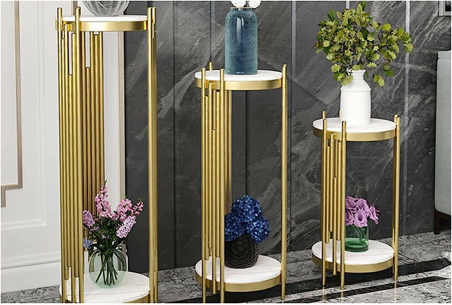 Two - Tier Marble Top Pot Stand Set.