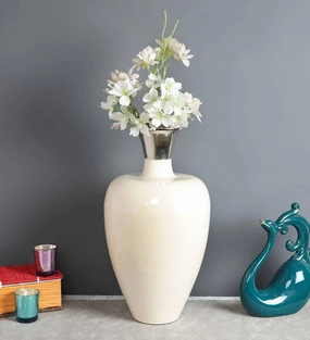 Urn Deidra Fawn White & Brass Vase Finger Painted Enamel, outdoor greenery  