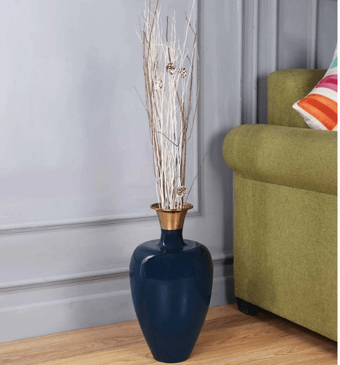 Urn Deidra Teal Blue Metal & Brass Vase Finger Painted Enamel, outdoor greenery  