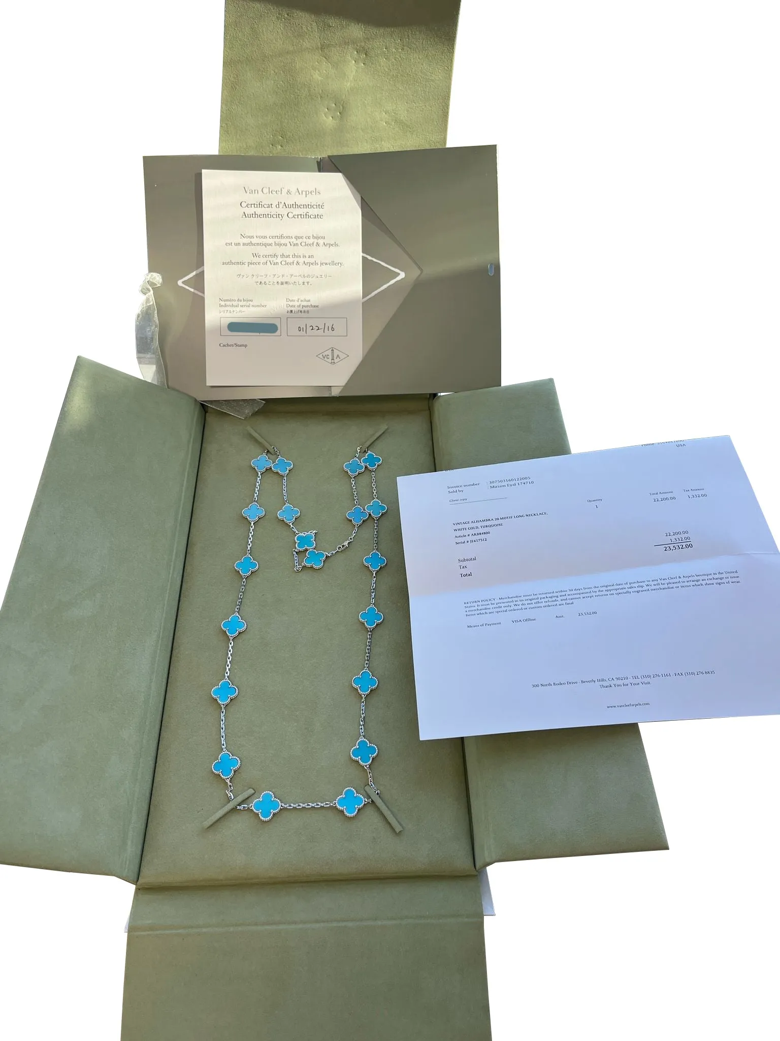 Van Cleef & Arpels 20 Motif Turquoise Vintage Alhambra Necklace 18k White Gold