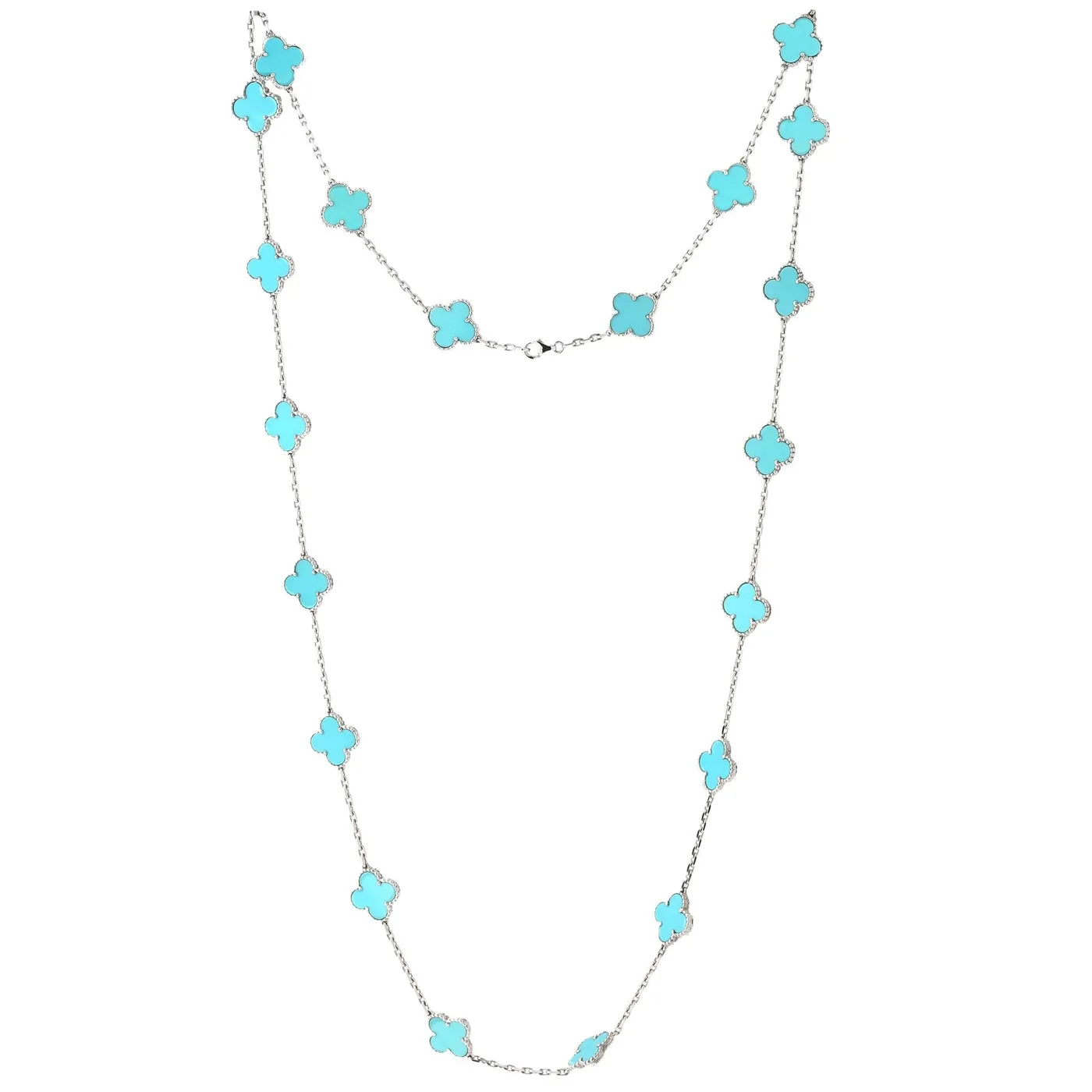 Van Cleef & Arpels 20 Motif Turquoise Vintage Alhambra Necklace 18k White Gold