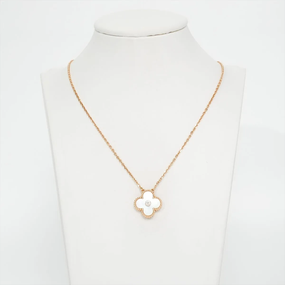 Van Cleef & Arpels Vintage Alhambra White Mother of Pearl Pendant with Diamond Holiday Necklace 2012