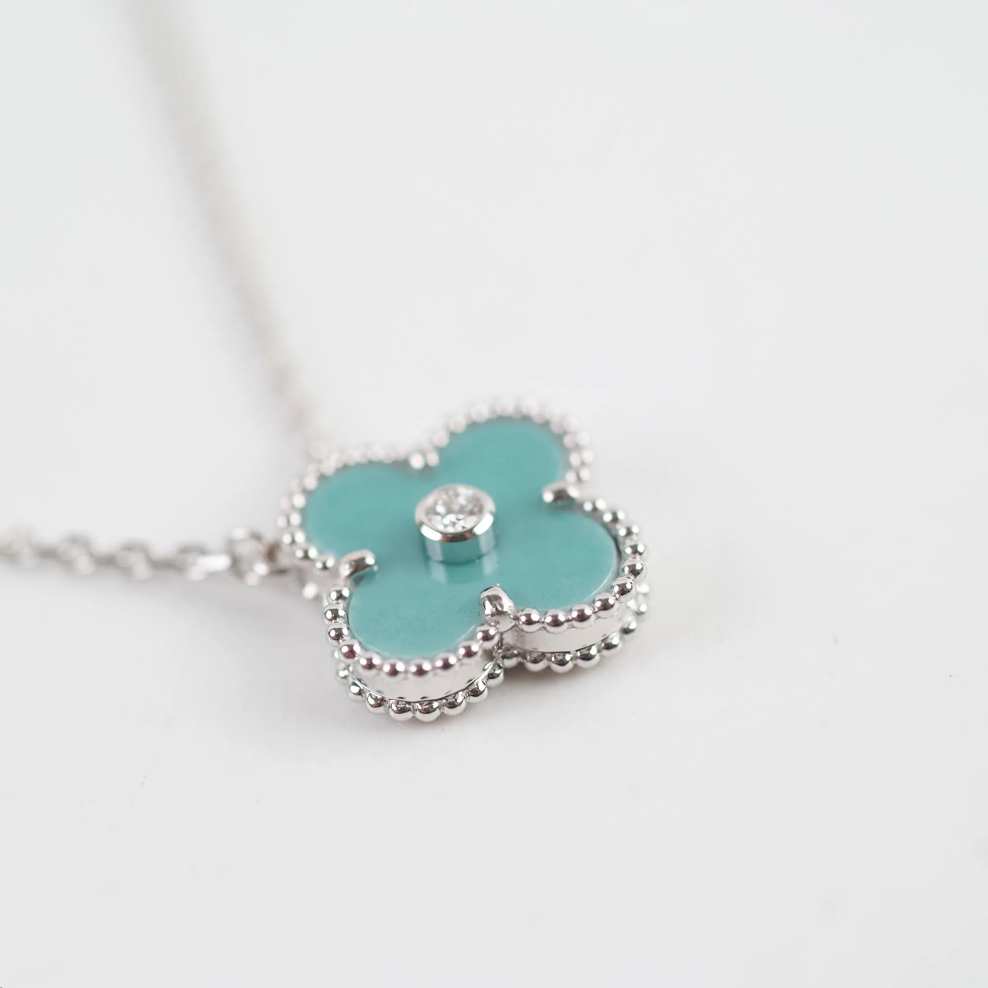 Van Cleef Arpels Vintage Alhambra Tiffany Blue Porcelain Diamond Necklace Holiday Pendant 2022