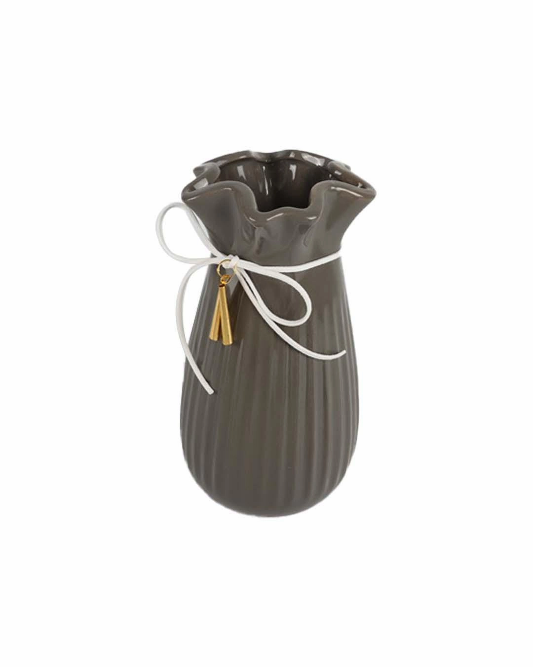Vase with Tassel, Floral Mouth, Grey, Ceramic