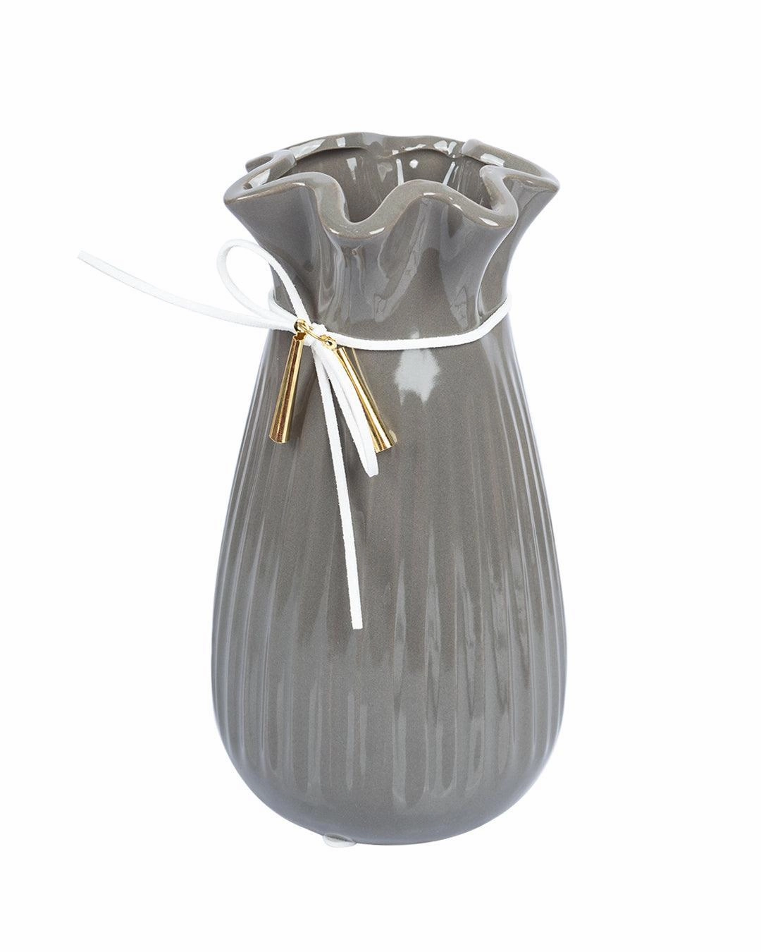Vase with Tassel, Floral Mouth, Grey, Ceramic