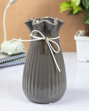 Vase with Tassel, Floral Mouth, Grey, Ceramic dried green plant  