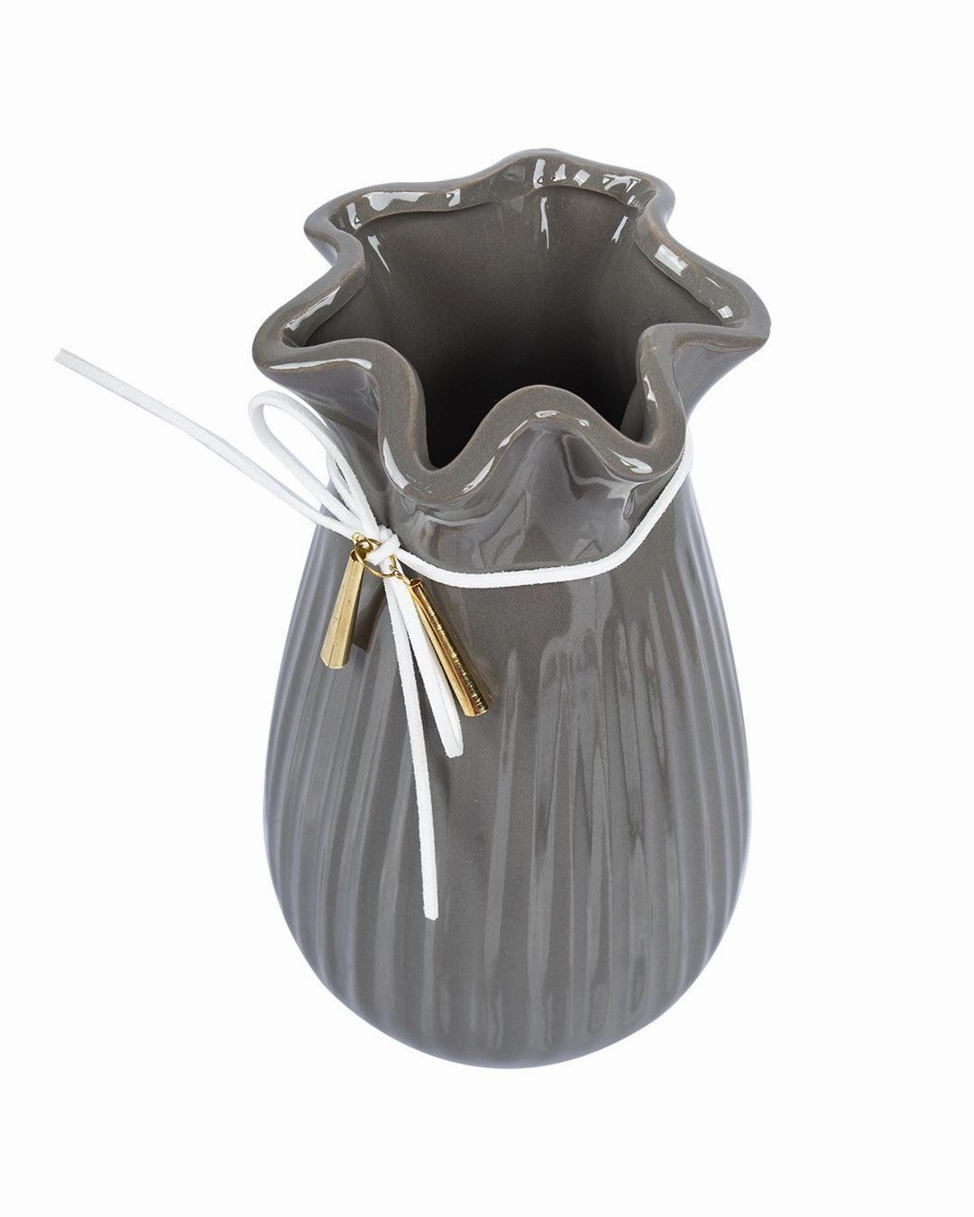 Vase with Tassel, Floral Mouth, Grey, Ceramic