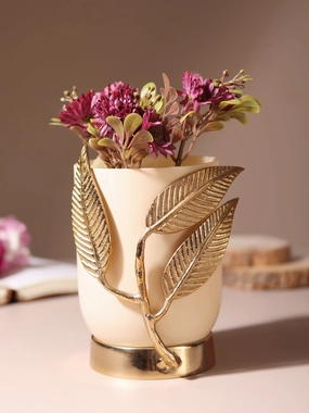 VersaLeaf Glass Vase and Candle Holder in cream & Gold outdoor greenery  