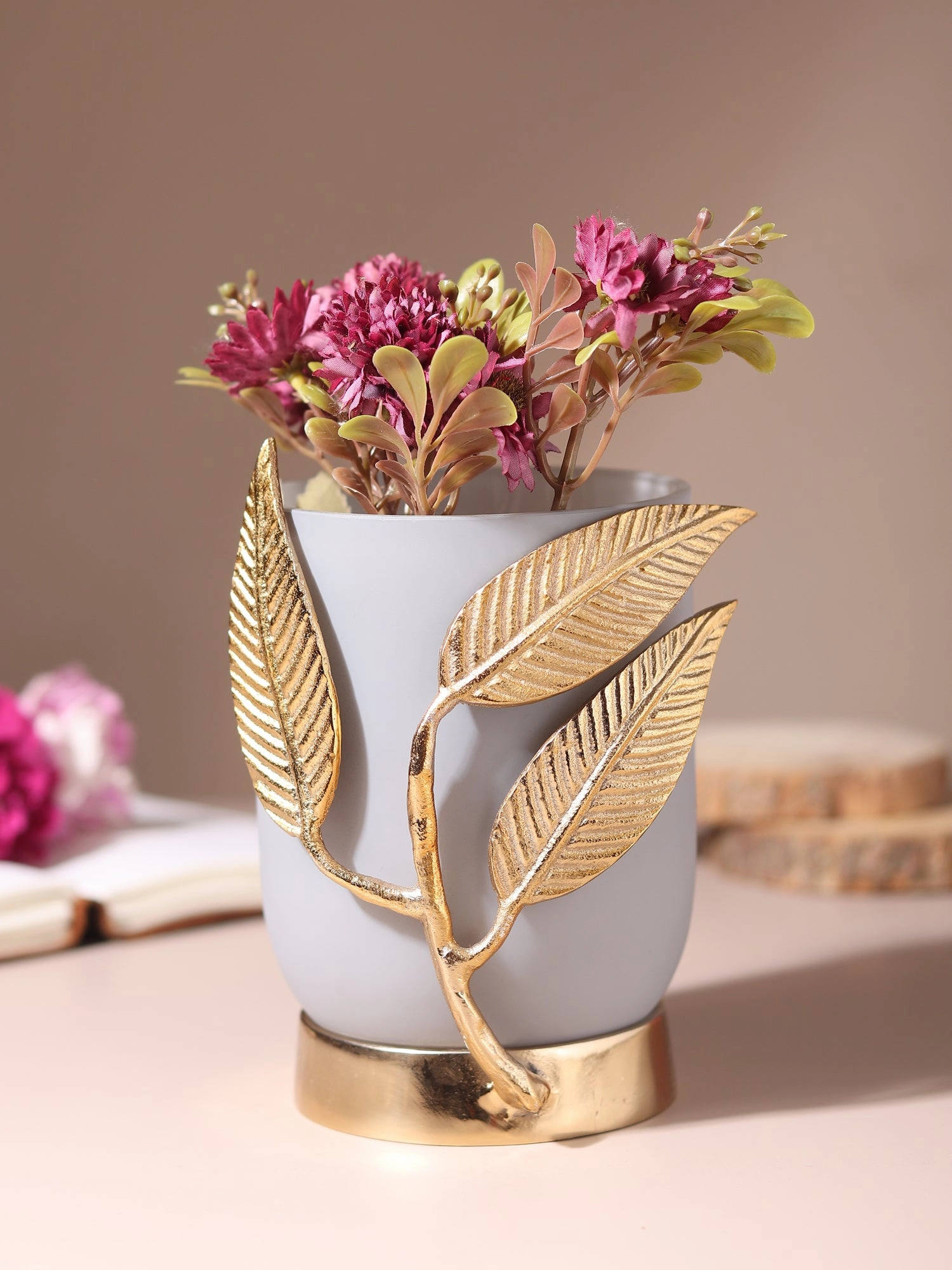 VersaLeaf Glass Vase and Candle Holder in grey & Gold outdoor greenery  