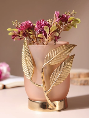 VersaLeaf Glass Vase and Candle Holder in Peach & Gold outdoor greenery  