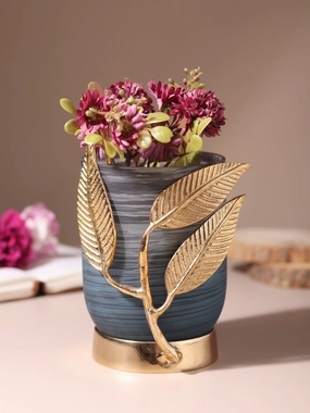 VersaLeaf Glass Vase and Candle Holder in wavy grey & Gold outdoor greenery  