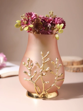 VersaLux Glass Vase and Candle Holder in Peach & Gold outdoor greenery  