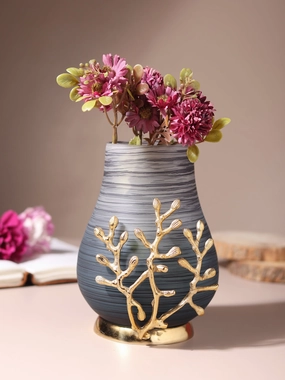 VersaLux Glass Vase and Candle Holder in Wavy Grey & Gold outdoor greenery  