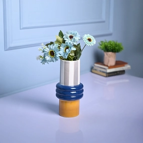 Vibrant Blue & Mustard Ceramic Vase dried green plant  