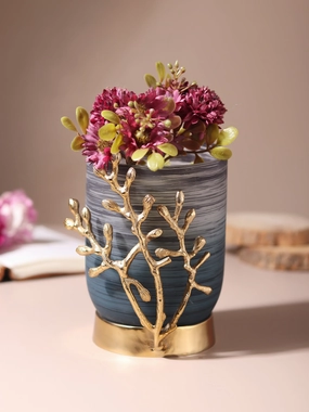 VinLux Glass Vase and Candle Holder in Wavy Grey & Gold outdoor greenery  