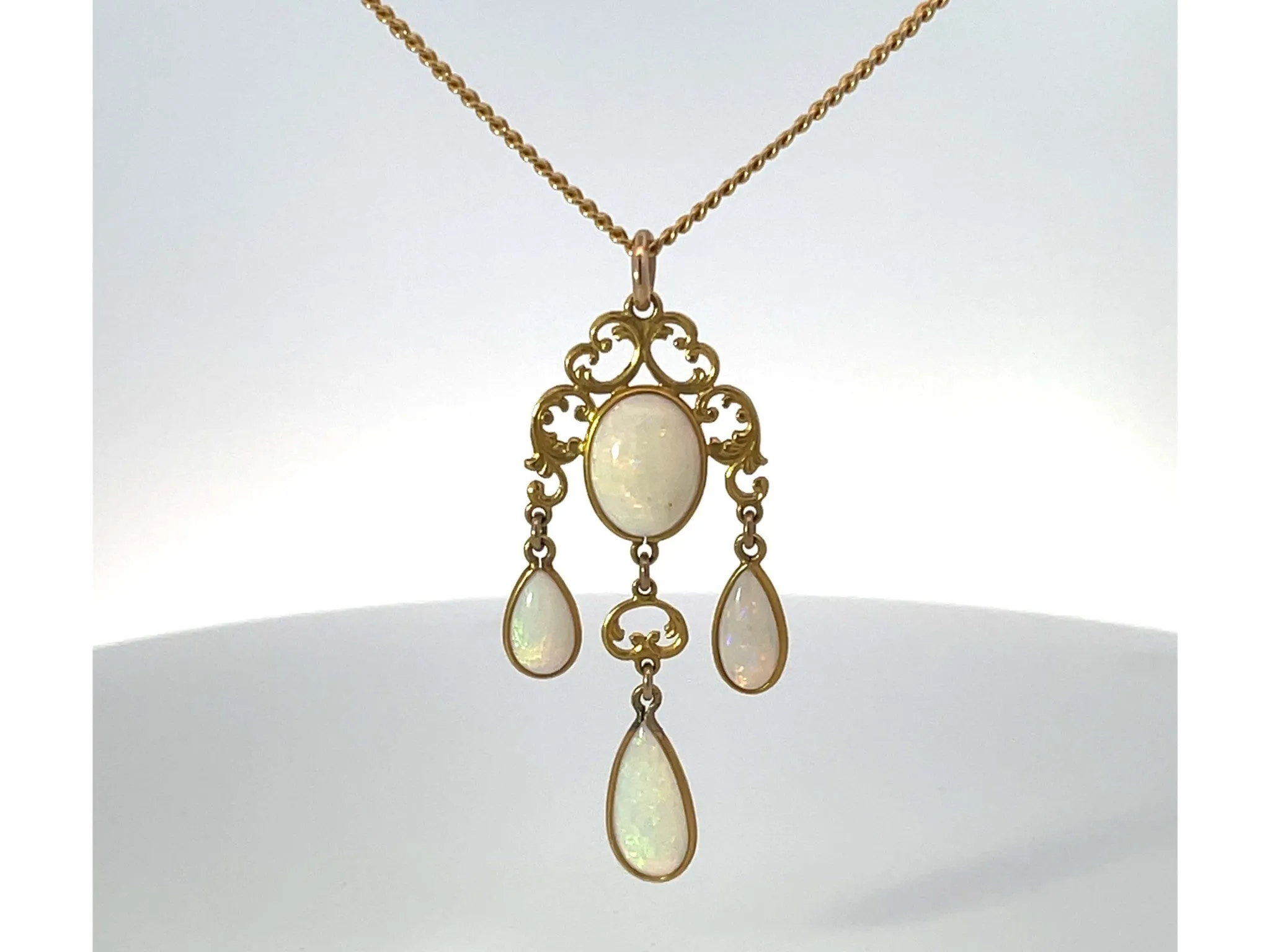Vintage 4 Opal Drop Pendant Necklace 14k Yellow Gold