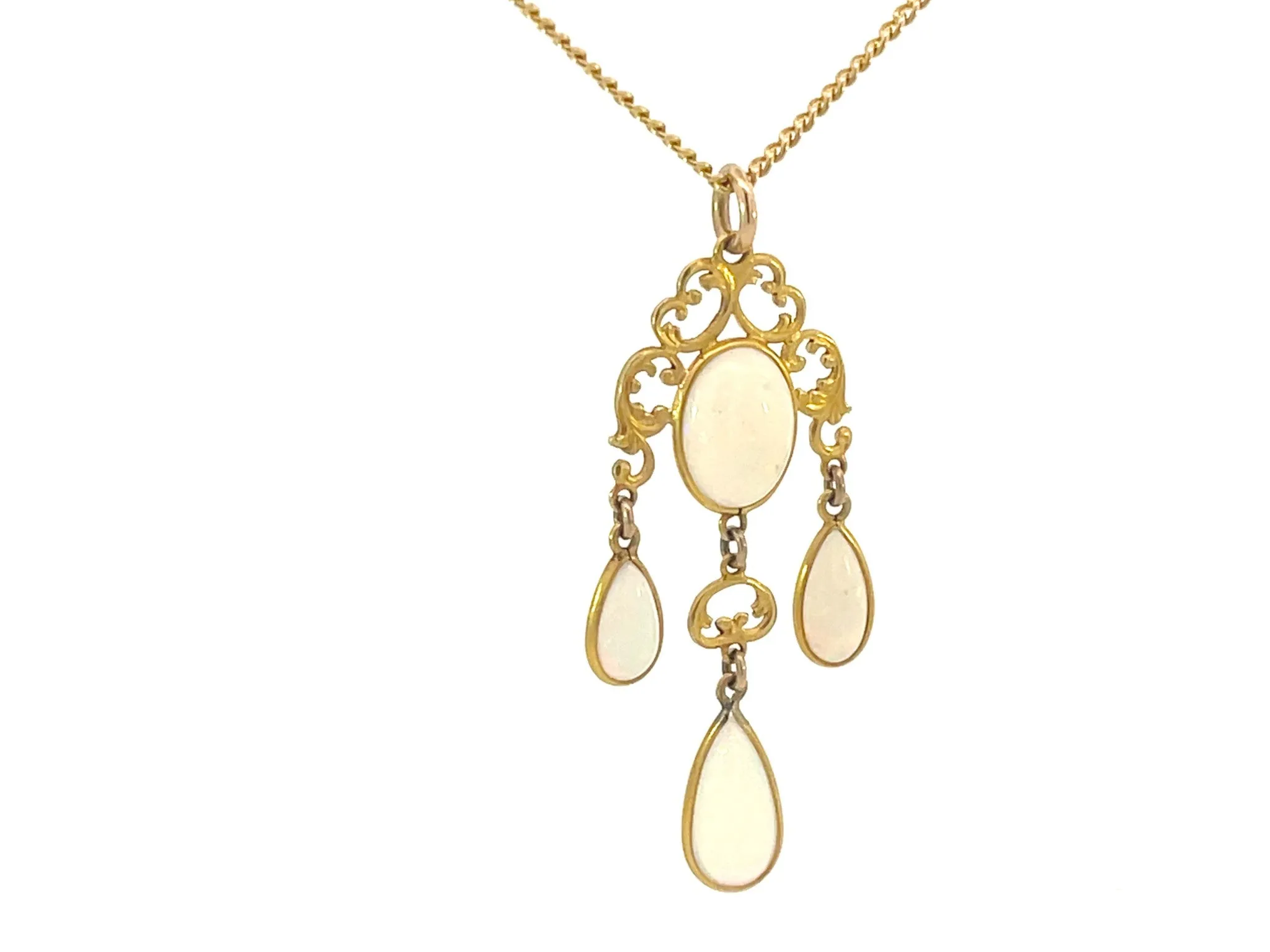 Vintage 4 Opal Drop Pendant Necklace 14k Yellow Gold