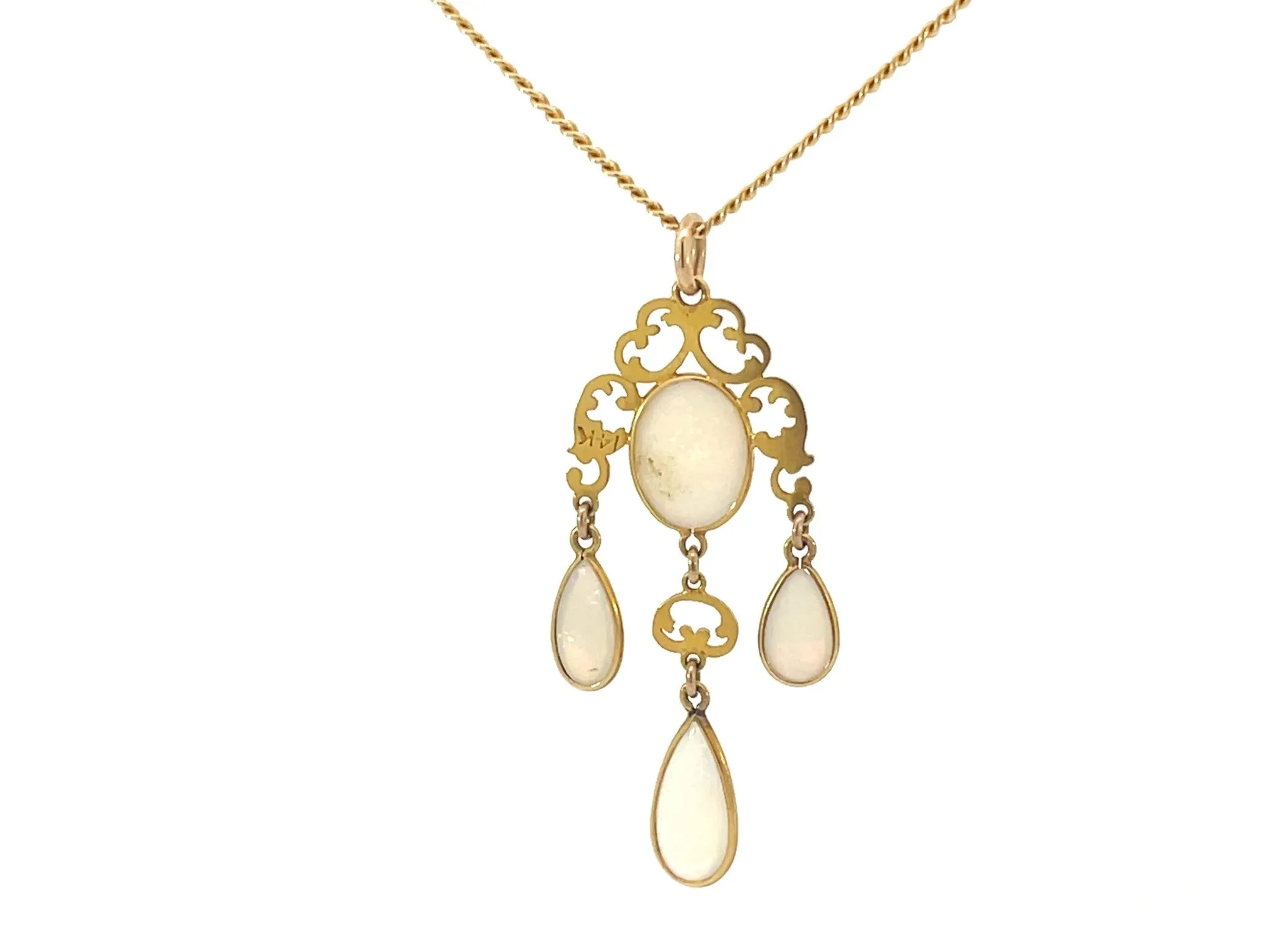 Vintage 4 Opal Drop Pendant Necklace 14k Yellow Gold
