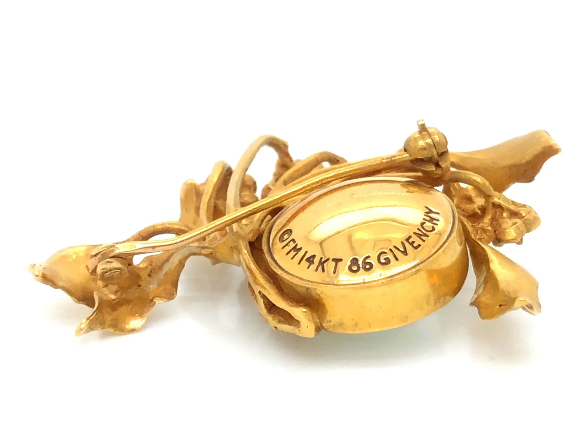 Vintage Givenchy Diamond, Ruby and Mabe Pearl Brooch in 14k Yellow Gold