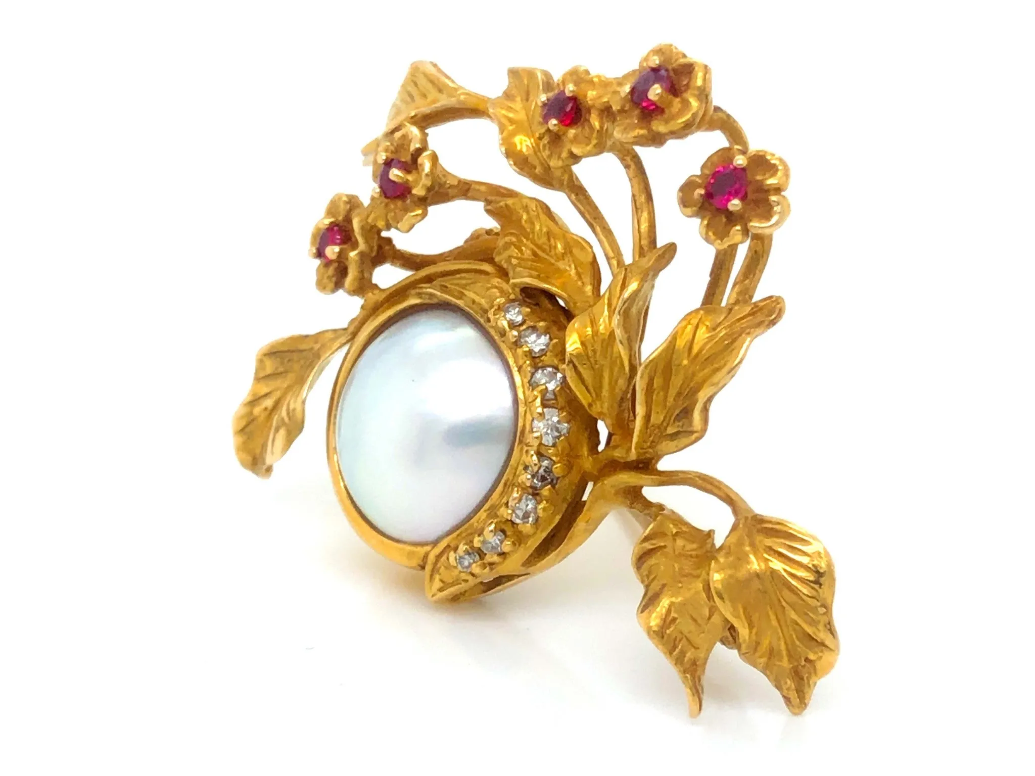 Vintage Givenchy Diamond, Ruby and Mabe Pearl Brooch in 14k Yellow Gold