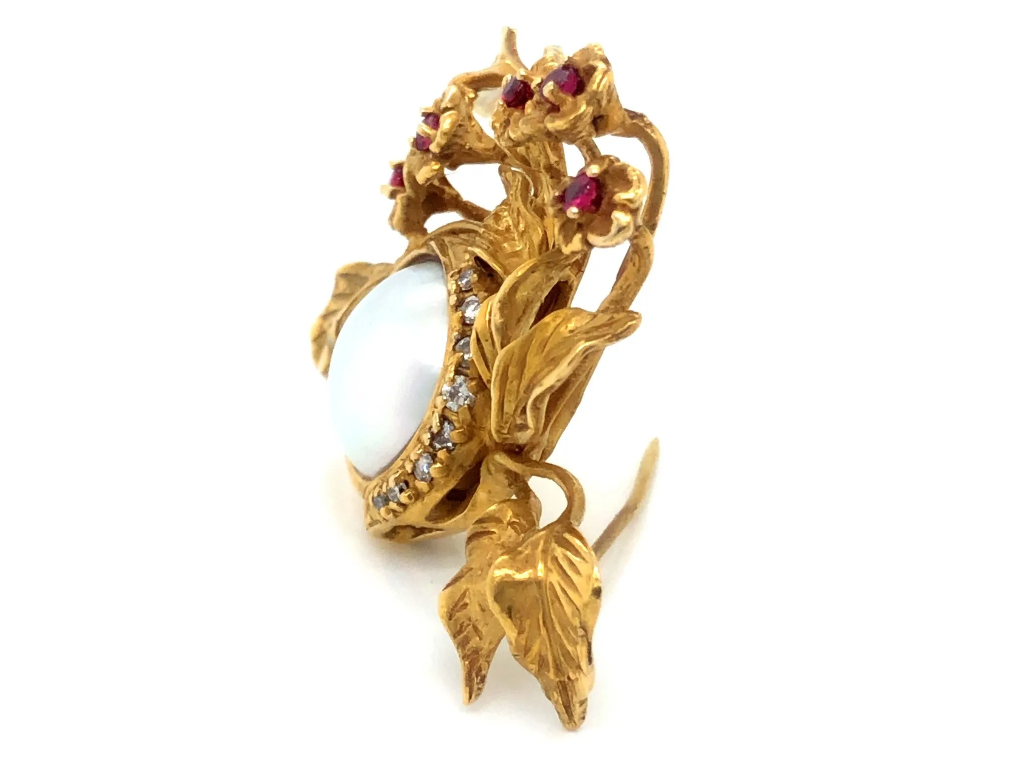 Vintage Givenchy Diamond, Ruby and Mabe Pearl Brooch in 14k Yellow Gold
