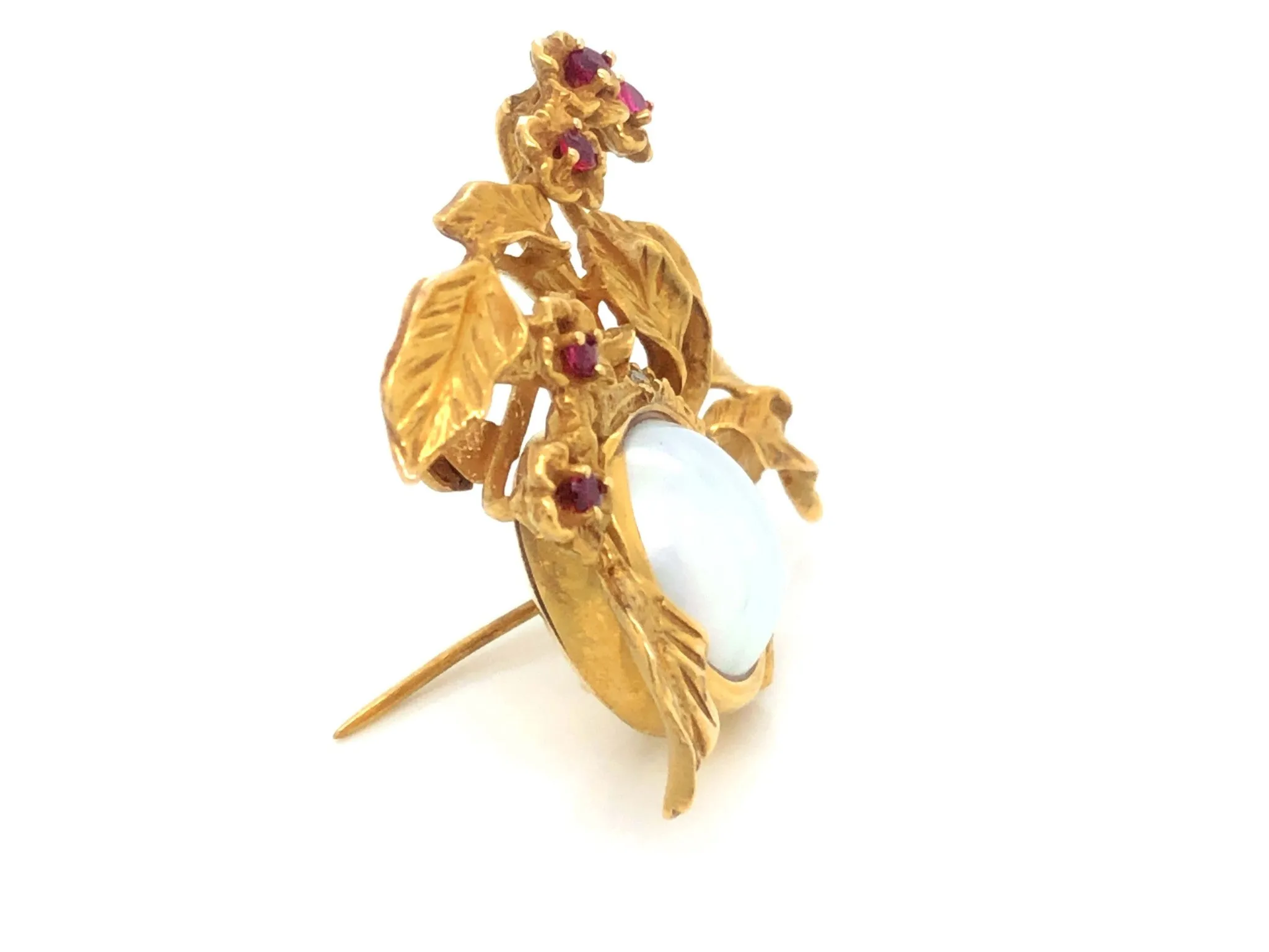Vintage Givenchy Diamond, Ruby and Mabe Pearl Brooch in 14k Yellow Gold