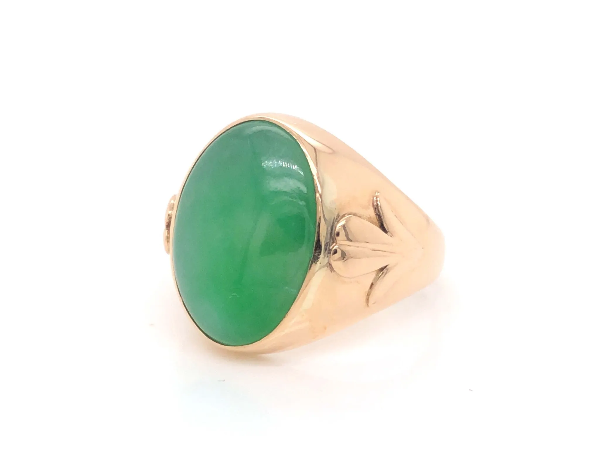 Vintage Men's Oval Cabochon Large Green Jade Ring 14k Yellow Gold