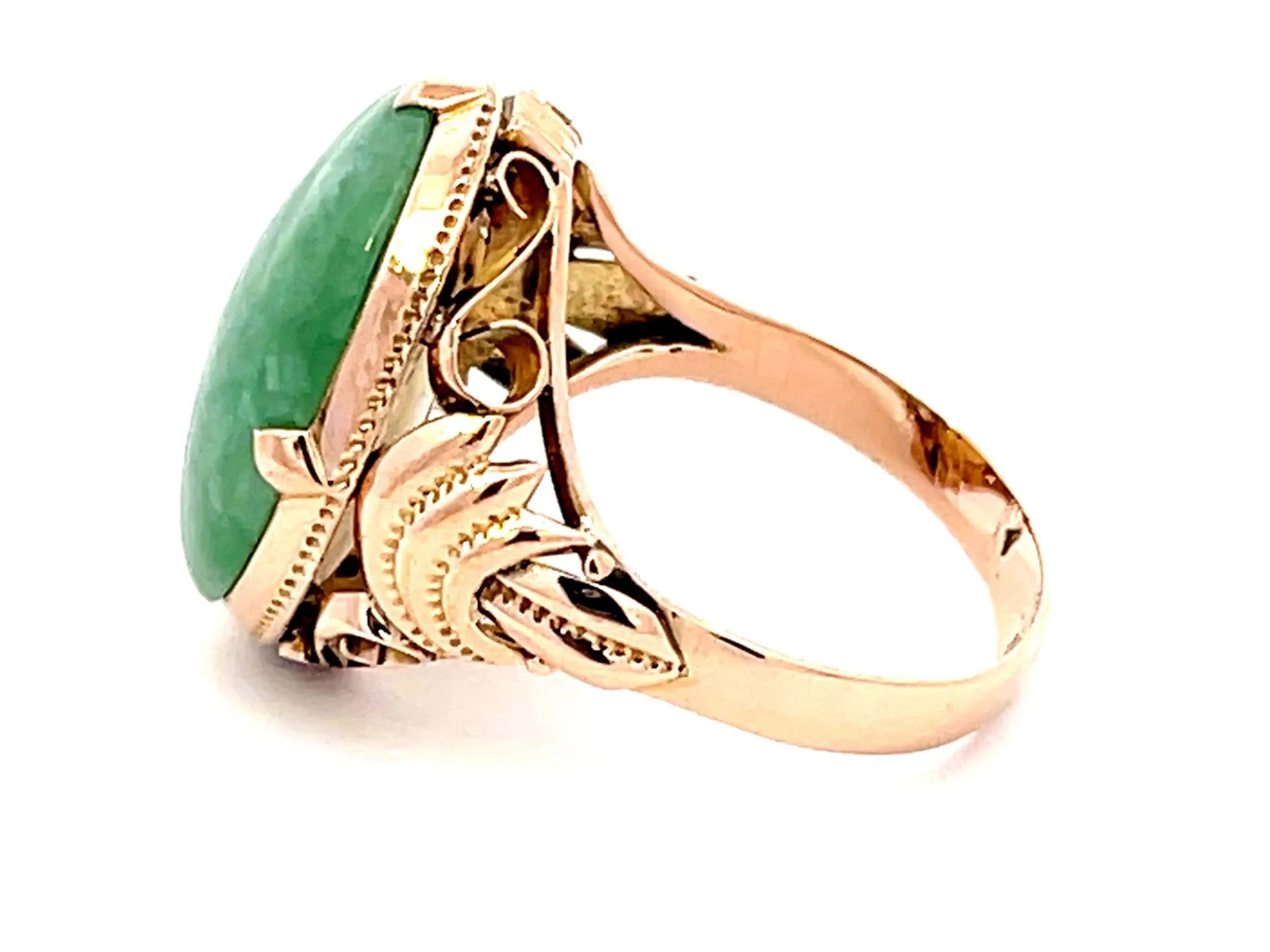 Vintage Mottled Green Jade Ring in 14k Rose Gold