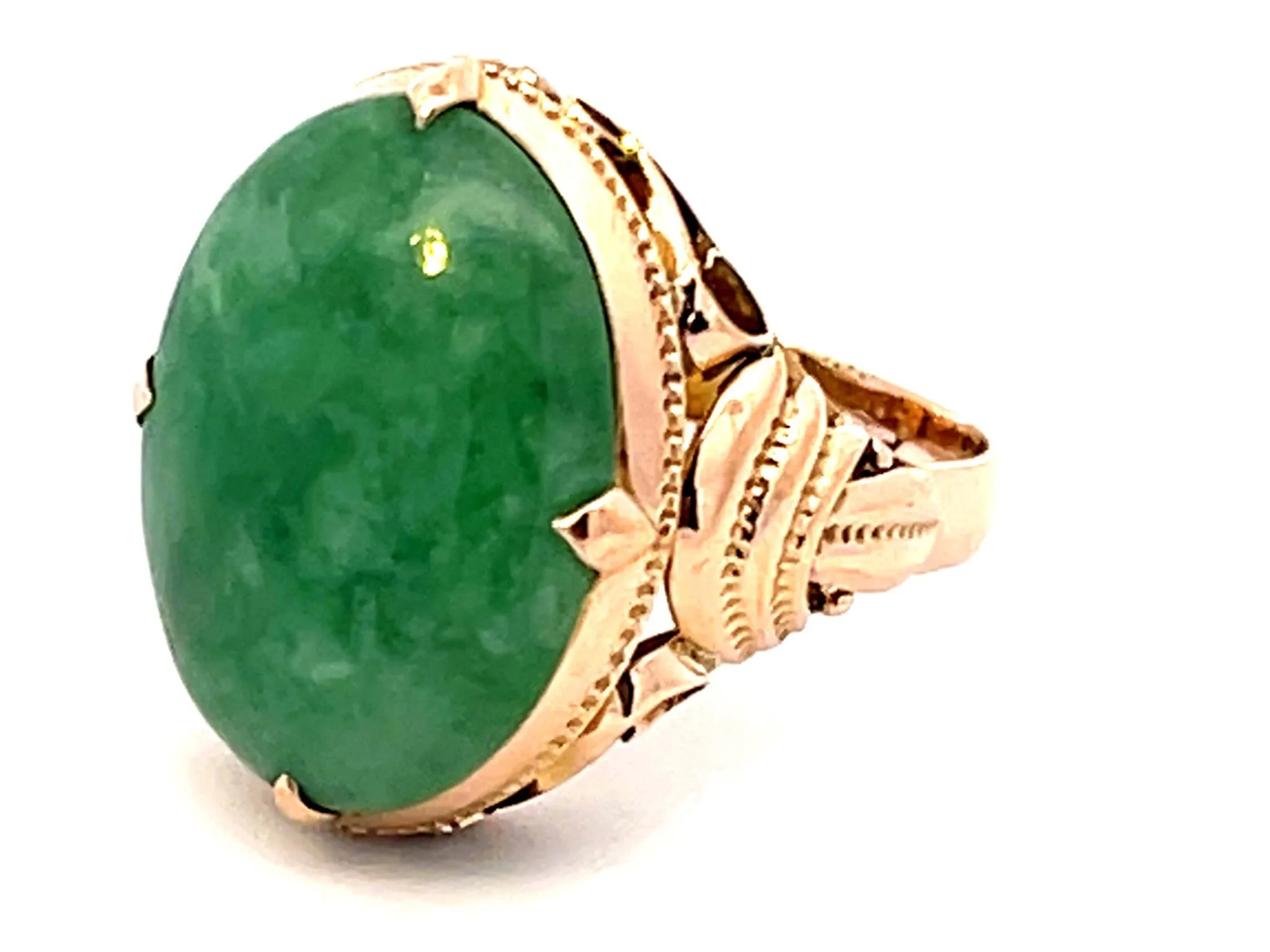 Vintage Mottled Green Jade Ring in 14k Rose Gold