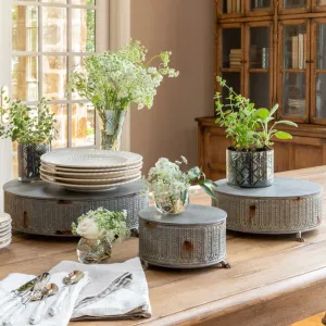 Vintage Style Round Tinwork Display Platform Set dried flowers  