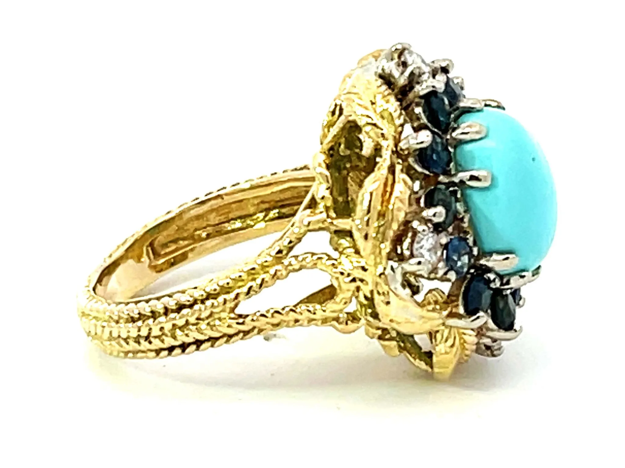 Vintage Turquoise Sapphire and Diamond Ring in 18k Yellow Gold