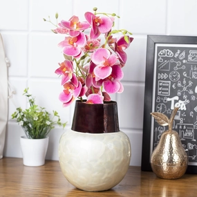 VON CASA Ivory Globular Shape Pot Vase (Ivory Enamel) dried green plant  
